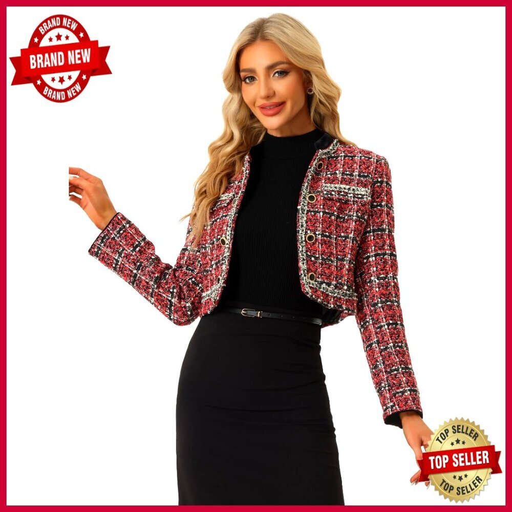 Tweed Plaid Cropped Blazer with Sequins, Collarless Open Front, Regular Fit